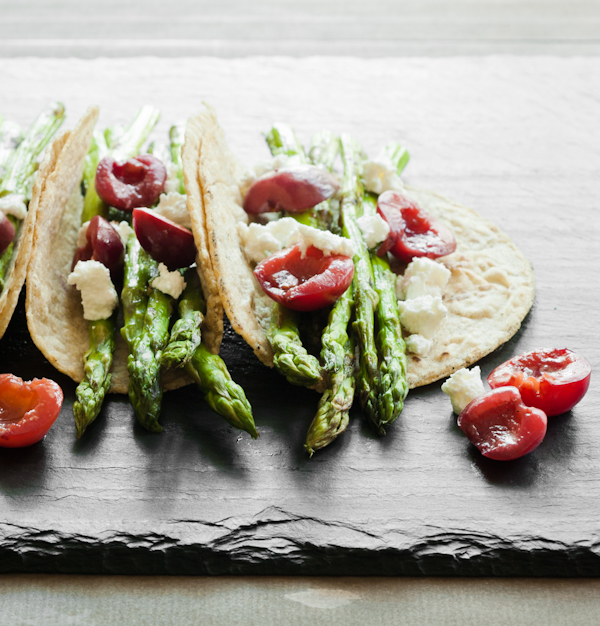 Grilled asparagus and cherry tacos